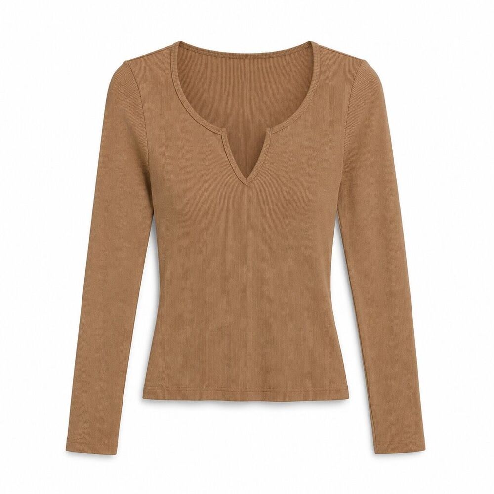 Abercrombie & Fitch Brown Ribbed Notch Neck Long Sleeve Top S NWT